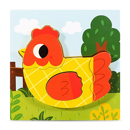 ニワトリデザインの木製立体パネルパズル
