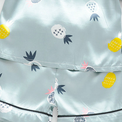 ひんやり快適に過ごせる 子どもアイスシルク夏用パジャマ上下セット パイナップル総柄 前開き半袖シャツ×ショートパンツ 80~110cm