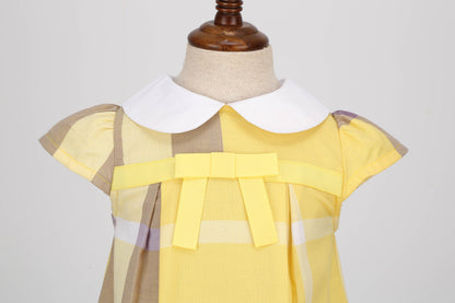 明るいイエローで上品に映える 女の子襟付きワンピース チェック柄 リボン付き コットン 90~130cm