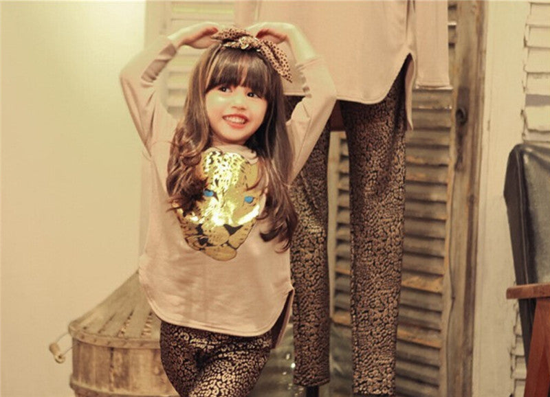 おしゃれが即完成する 女の子キッズ上下セット ヒョウフェイスプリントトップス×レオパードレギンス カジュアル夏コーデ 100~160cm