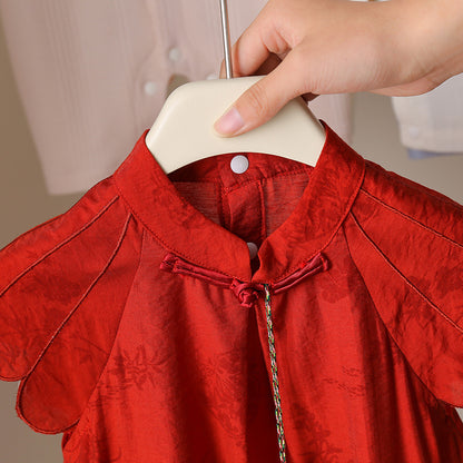 軽やかチャイナ風が映える ベビー三角ロンパース レッド・アプリコット タッセル付き レーヨン 66~90cm