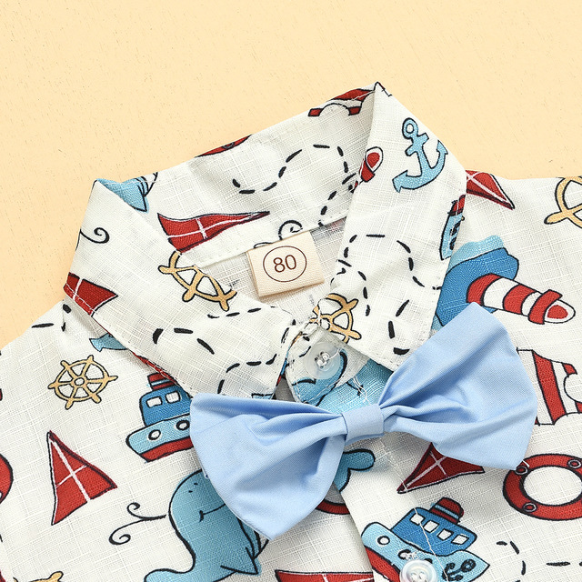 きちんと見えでおしゃれが決まる 男の子ジェントルマン風セットアップ マリンキャラクタープリント半袖シャツ＆無地ショートパンツ コットン混 80~120cm