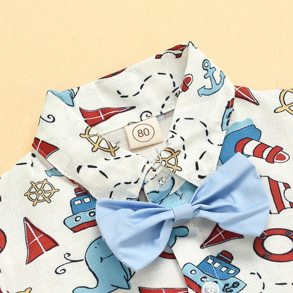 きちんと見えでおしゃれが決まる 男の子ジェントルマン風セットアップ マリンキャラクタープリント半袖シャツ＆無地ショートパンツ コットン混 80~120cm