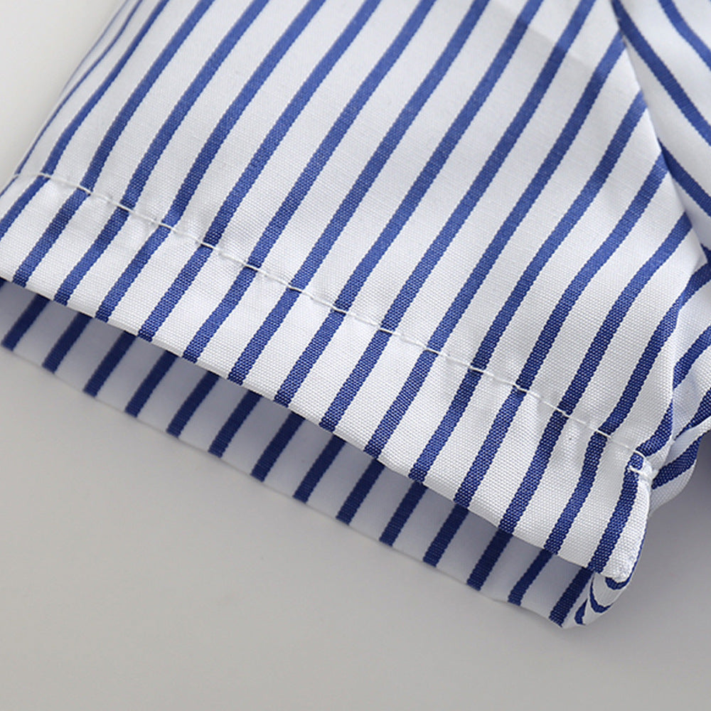 きちんと感でおでかけが映える 男の子襟付き半袖シャツ＆ホワイトショートパンツ上下セット ストライプ柄 コットン 90~130cm