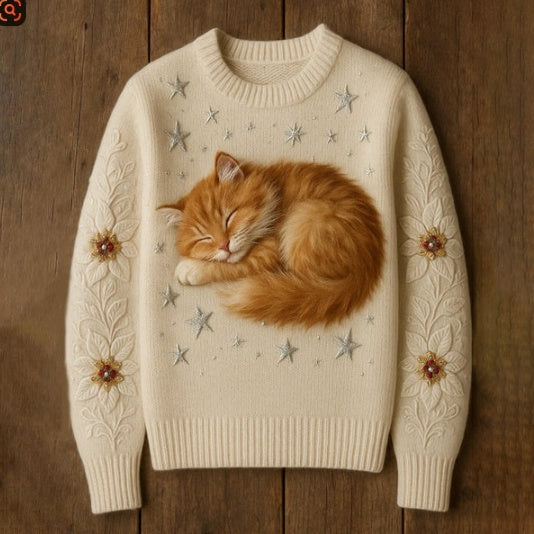 放課後コーデがもっと可愛く決まる ティーン向け長袖スウェットトップ 猫プリント クルーネック 厚手ポリエステル 春秋 S~6XL