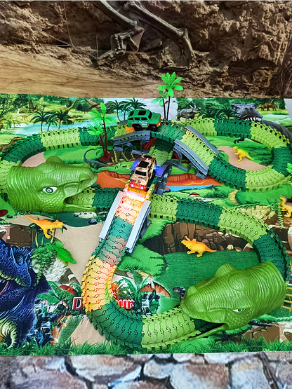 レールと橋パーツを組み合わせた恐竜レースコース全体の俯瞰画像
