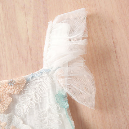 ふんわり刺繍チュールで上品に映える 女の子ノースリーブロンパース メッシュ刺繍 コットンガーゼ素材 60〜100cm