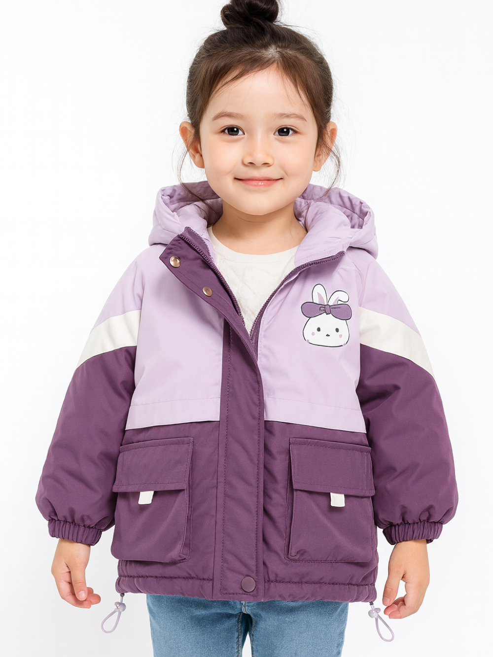 パープルの厚手中綿ジャケットを着た女の子が正面を向いて立っている冬コーデイメージ写真
