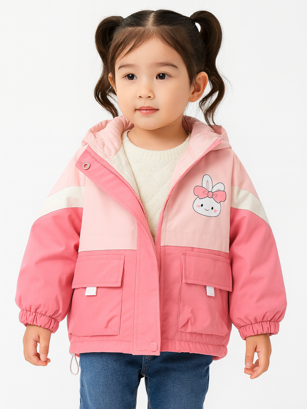 ピンクの厚手中綿ジャケットを着た女の子が冬コーデでポーズをとっているイメージ写真
