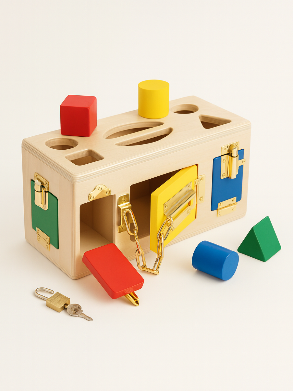 木製ロックボックスの扉を鍵で開けている様子のクローズアップ
