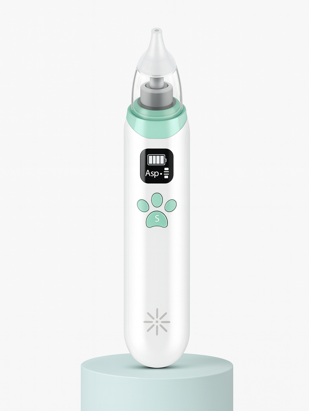 ベビー用電動鼻吸い器本体と3種類のシリコンノズルが並んだ商品画像（電動鼻吸い器 ベビー鼻水ケア）
