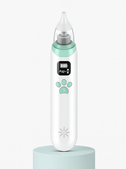 ベビー用電動鼻吸い器本体と3種類のシリコンノズルが並んだ商品画像（電動鼻吸い器 ベビー鼻水ケア）
