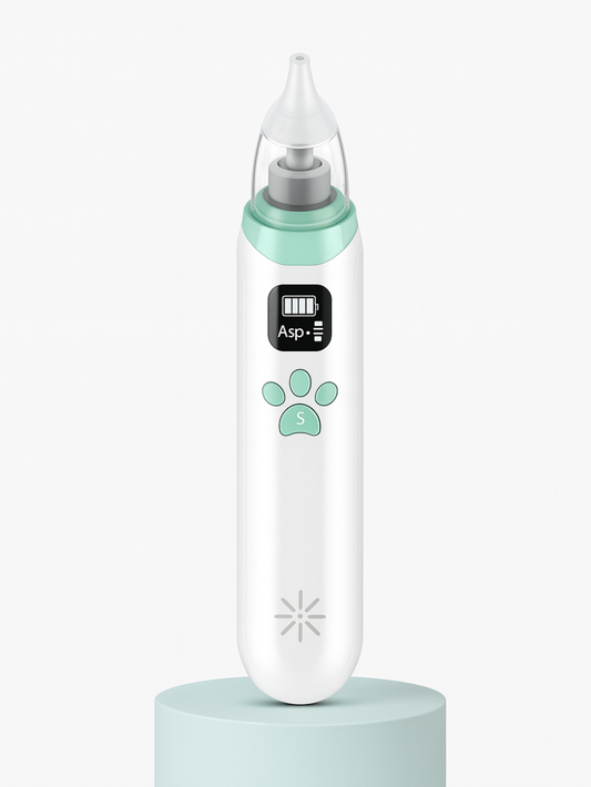 ベビー用電動鼻吸い器本体と3種類のシリコンノズルが並んだ商品画像（電動鼻吸い器 ベビー鼻水ケア）
