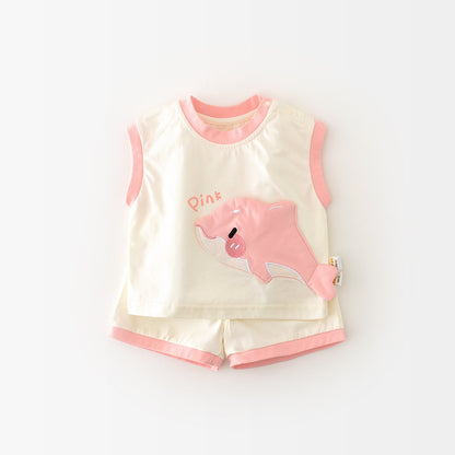 さらっと涼しく夏のごきげんコーデが完成する 子どもシャークデザインノースリーブセットアップ ショートパンツ付き コットン混 73〜100cm