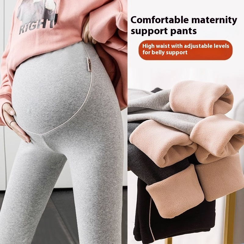 腹部サポート付きマタニティレギンスの着用イメージと裏起毛素材を紹介するビジュアル
