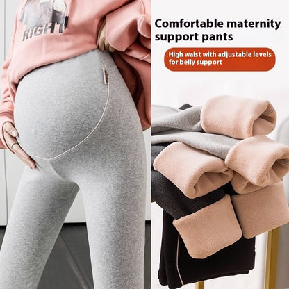 腹部サポート付きマタニティレギンスの着用イメージと裏起毛素材を紹介するビジュアル
