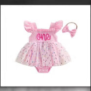 ふんわりチュールで写真映えする 女の子ベビーメッシュロンパース one刺しゅう ボウヘアバンド付き コットン 6〜18ヶ月