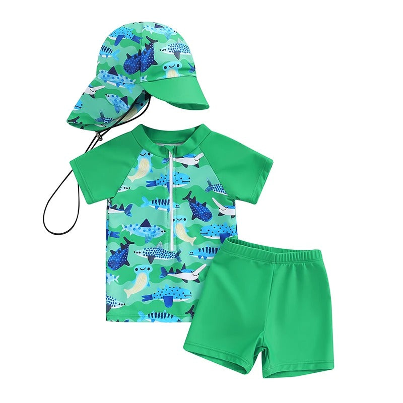 帽子付きベビーラッシュガード上下3点セット グリーン海のいきもの柄 フロントジップ 半袖 0～6ヶ月～3～4歳 水遊び用スイムウェア