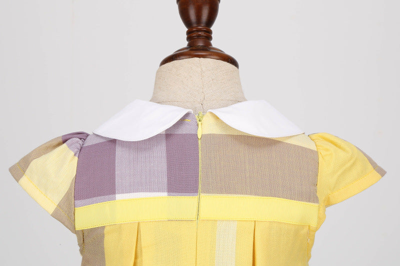 明るいイエローで上品に映える 女の子襟付きワンピース チェック柄 リボン付き コットン 90~130cm