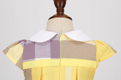 明るいイエローで上品に映える 女の子襟付きワンピース チェック柄 リボン付き コットン 90~130cm