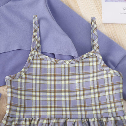 きちんと見えで可愛さ引き立つ 女の子ハイネック長袖トップス×チェック柄ジャンパースカート 2点セット ポリエステル混 90~130cm