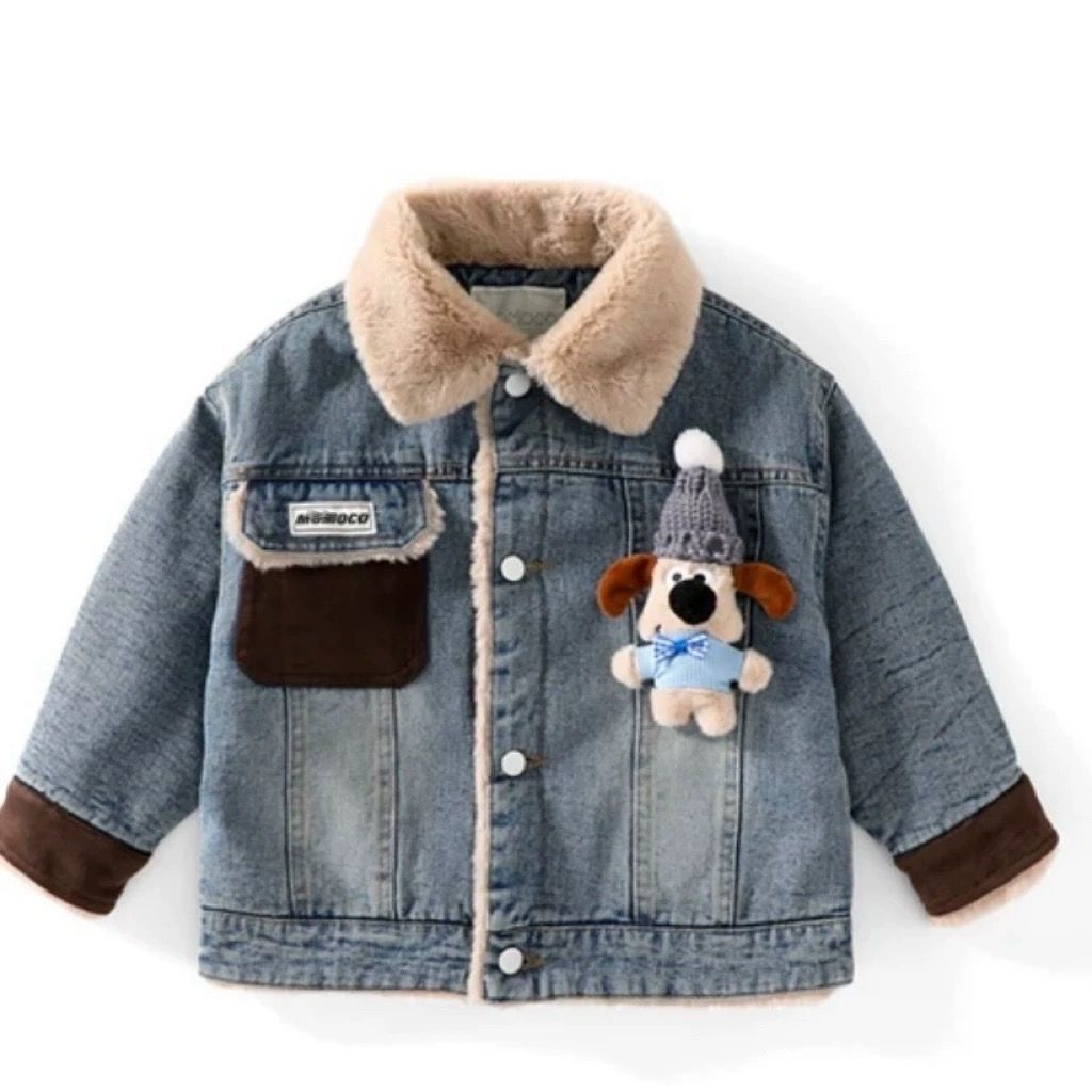風を通しにくく冬もあたたかい 男の子デニムジャケット くまモチーフ付き ボア襟フリース裏地 綿混デニムブルー 90~150cm