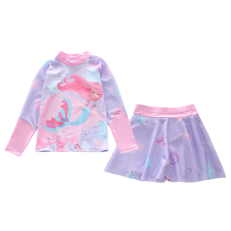 キッズ女の子 マーメイド柄 長袖ラッシュガード上下セット スカート付きセパレート UV対策 速乾ポリエステル 3〜13歳
