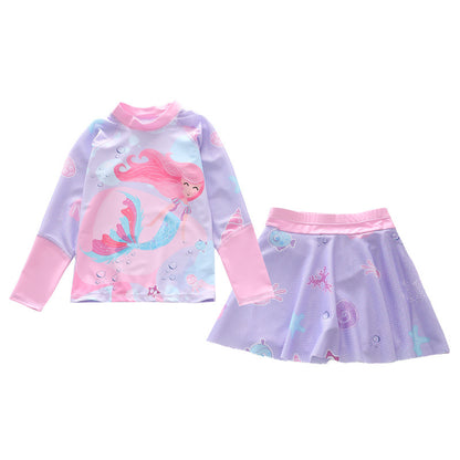 キッズ女の子 マーメイド柄 長袖ラッシュガード上下セット スカート付きセパレート UV対策 速乾ポリエステル 3〜13歳