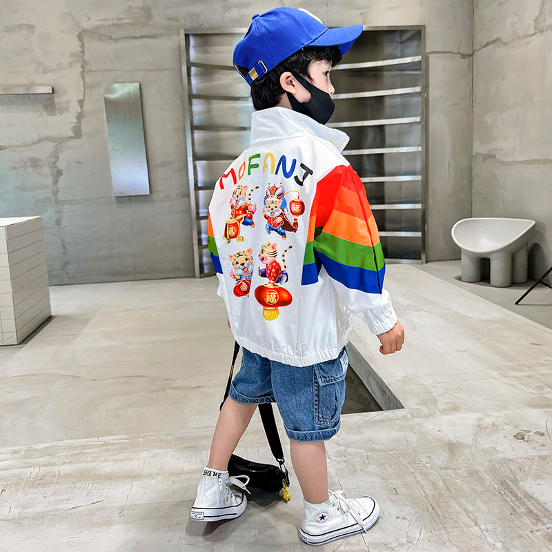 日差し対策も軽やかに決まる 子どもUVカット薄手ジャケット レインボースリーブ＆タイガープリント 通気性デザイン コットン混 100~160cm