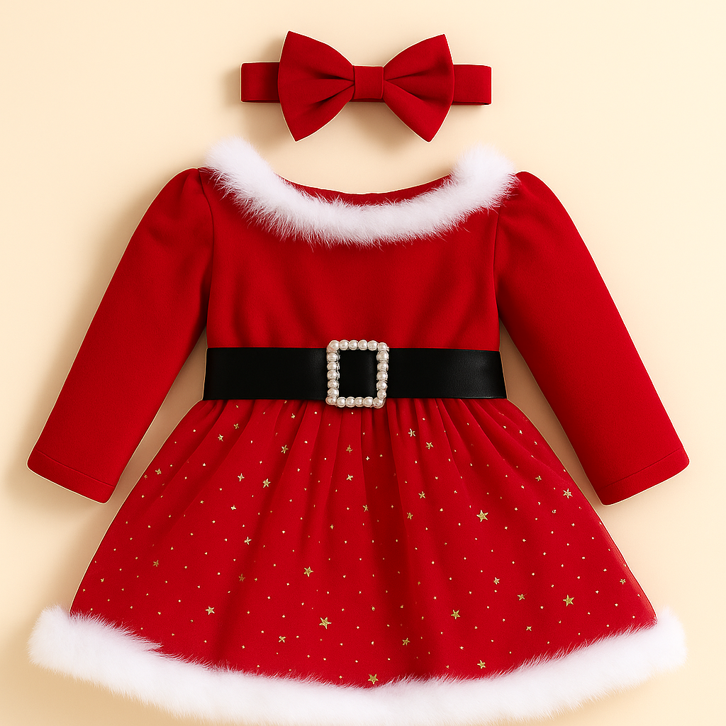 木目の上に置かれた赤いサンタ風ワンピースとヘッドバンド。白いファー襟と裾、黒いバックルベルト、星柄チュールが際立つ。
