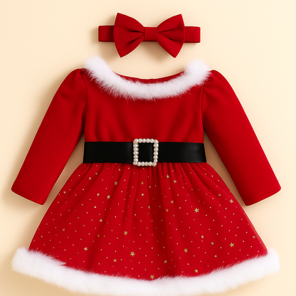 木目の上に置かれた赤いサンタ風ワンピースとヘッドバンド。白いファー襟と裾、黒いバックルベルト、星柄チュールが際立つ。
