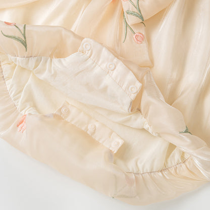ふんわり涼やかに着られる 女の子ノースリーブロンパース チューリップ刺繍リボンデザイン ポリエステル×コットン裏地 66~90cm
