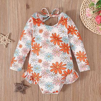 ベビー女の子 長袖UVラッシュガードワンピース水着 花柄 オープンバック フリル付き 70cm・80cm・90cm・100cm・110cm