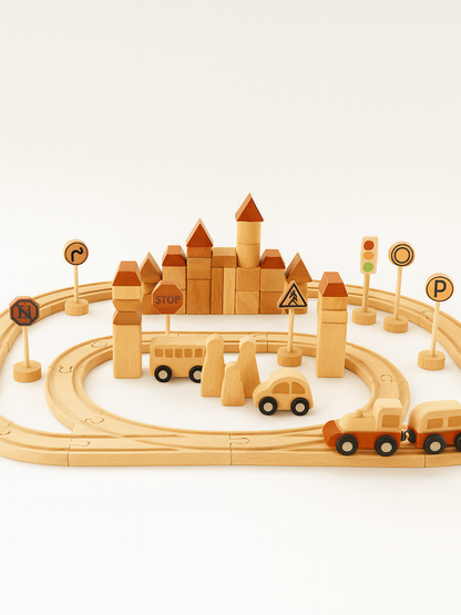木製モンテッソーリフォレストレールトレインセットで森の街と列車コースを組んだ全体イメージ
