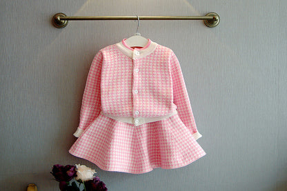 上品クラシックにきまる 女の子ニットカーディガン＆フレアスカートセット 千鳥格子 厚手コットン混 90~130cm