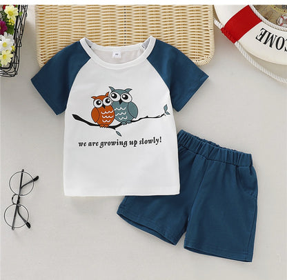 さらっと快適に動ける 子ども半袖Tシャツ＆ショートパンツ上下セット フクロウプリント コットン 80~120cm