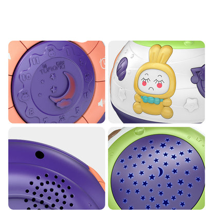 星や月の模様のボタンやうさぎキャラクター、スピーカー穴、星形の投影穴など星空プロジェクターライト本体のディテールを4分割で見せた画像
