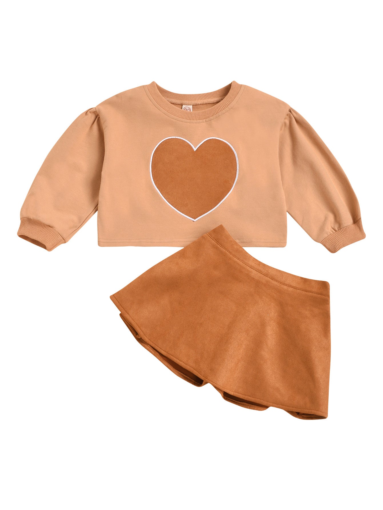 やさしい甘さで毎日がときめく 女の子スウェットセット ハート刺繍トップス×フレアスカート コットン100% ブラウン 90〜130cm