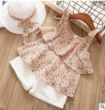 夏の涼しげコーデが完成する 女の子花柄キャミトップス＆ホワイトショートパンツ2点セット 肩リボン ノースリーブ 韓国風 100〜140cm