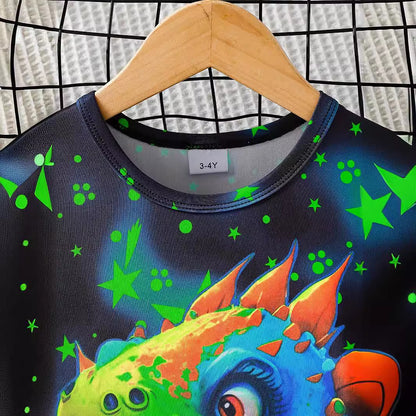 さらっと涼しい夏の毎日に 男の子半袖ルームウェア上下セット 恐竜カートゥーン＆星柄 ネオン風プリント ポリエステル薄手 2〜7歳