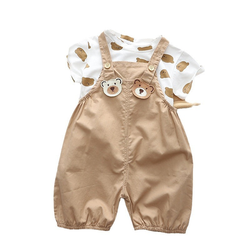 兄弟リンクコーデが叶う 子ども半袖Tシャツ＆くま柄サロペット/ジャンパースカート 2点セット コットン 80~120cm