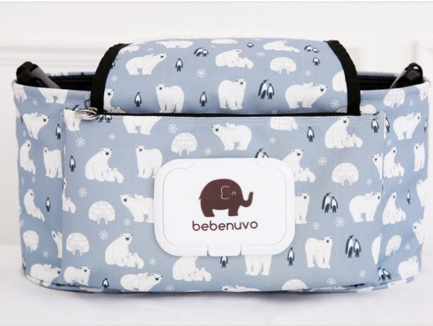 シロクマ柄のベビーカー収納バッグ上部オープン時の見え方（ベビーカーオーガナイザー）
