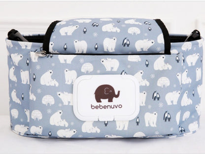 シロクマ柄のベビーカー収納バッグ上部オープン時の見え方（ベビーカーオーガナイザー）
