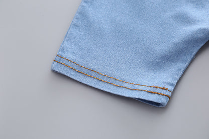 夏のおでかけがきちんと可愛く決まる 男の子半袖シャツ＆デニムサロペットショーツ上下セット 恐竜プリント コットン 80~110cm