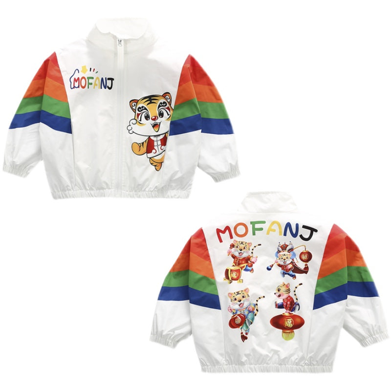 日差し対策も軽やかに決まる 子どもUVカット薄手ジャケット レインボースリーブ＆タイガープリント 通気性デザイン コットン混 100~160cm