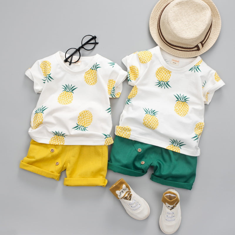 さらっと涼しく夏がもっと楽しくなる 子ども半袖Tシャツ＆ショートパンツ上下セット パイナップル柄 コットン95% 80~120cm