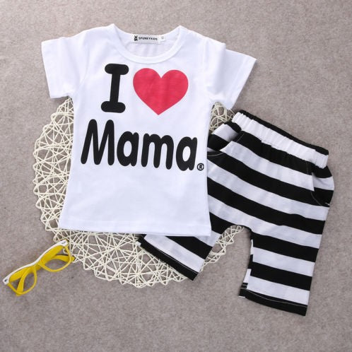 毎日がもっと可愛くなる 子ども半袖Tシャツ＆ボーダーショーツ上下セット I♥Mama ・ I♥Papa プリントデザイン 80〜100cm