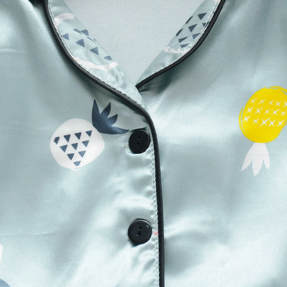 ひんやり快適に過ごせる 子どもアイスシルク夏用パジャマ上下セット パイナップル総柄 前開き半袖シャツ×ショートパンツ 80~110cm