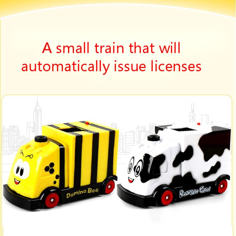 自動でドミノを並べる電動ドミノトレインの特徴紹介ビジュアル
