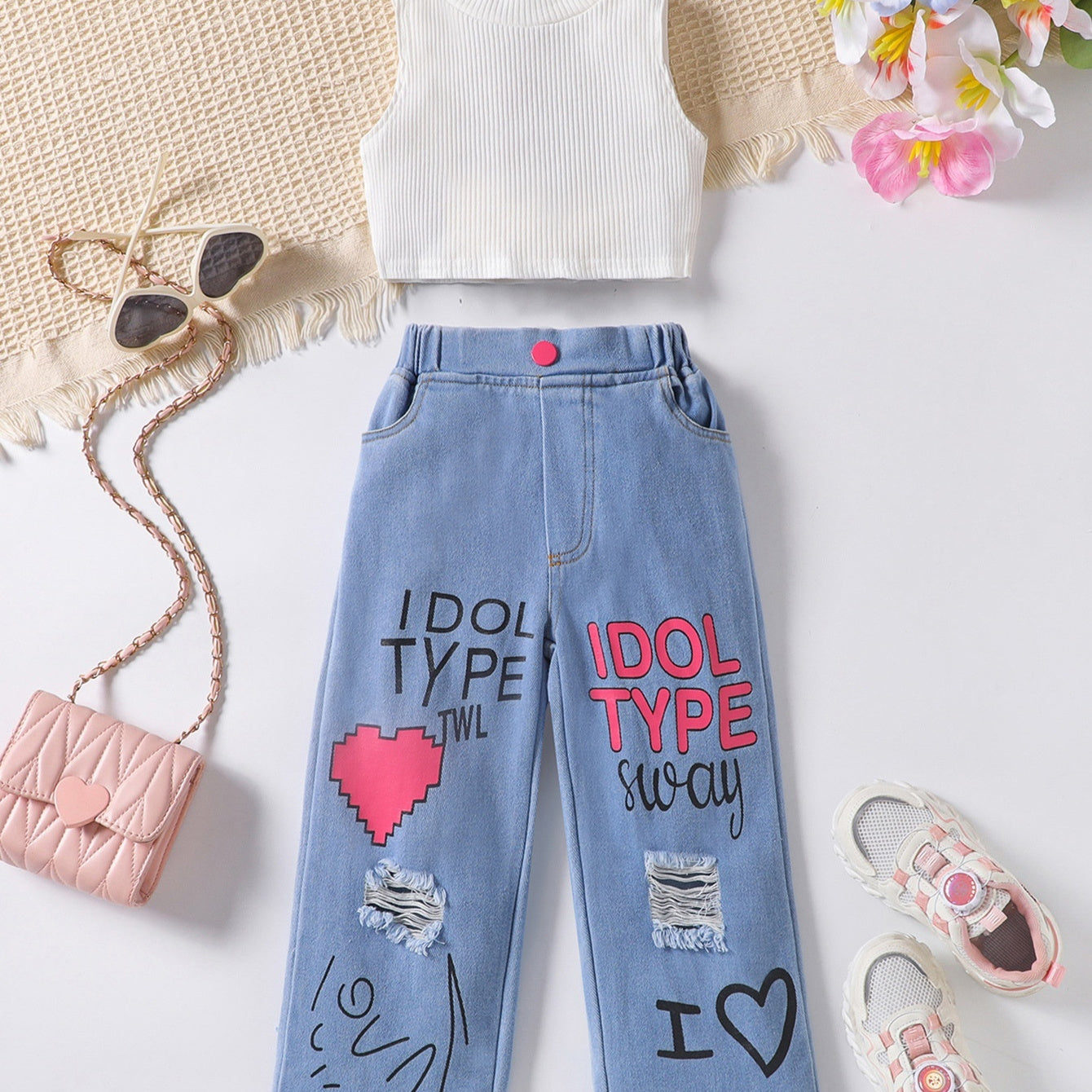 さらっと軽やかに大人っぽく決まる 女の子ノースリーブベスト＆レタープリントデニム風パンツ2点セット コットン素材 100〜130cm